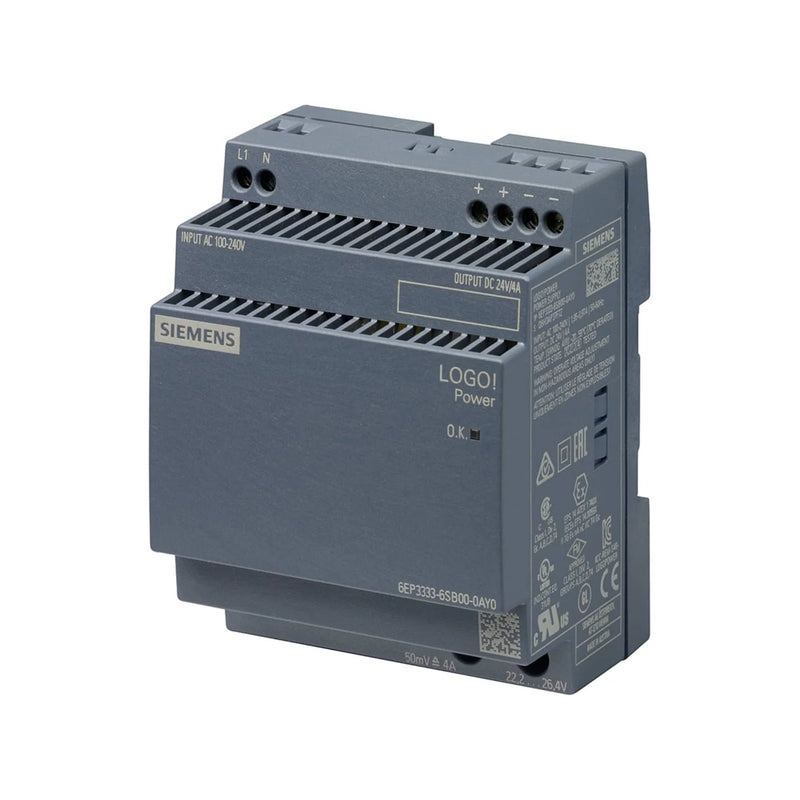 Siemens 6EP3333-6SB00-0AY0 SITOP PSU6200 power supply, 24V DC, 10A, 240W, single-phase, DIN rail, IP20, with LED diagnostics.
