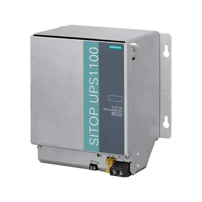 Siemens SITOP UPS1100 battery module (6EP4134-0GB00-0AY0), 24V DC, 7 Ah, maintenance-free sealed lead-acid batteries for SITOP DC UPS modules.