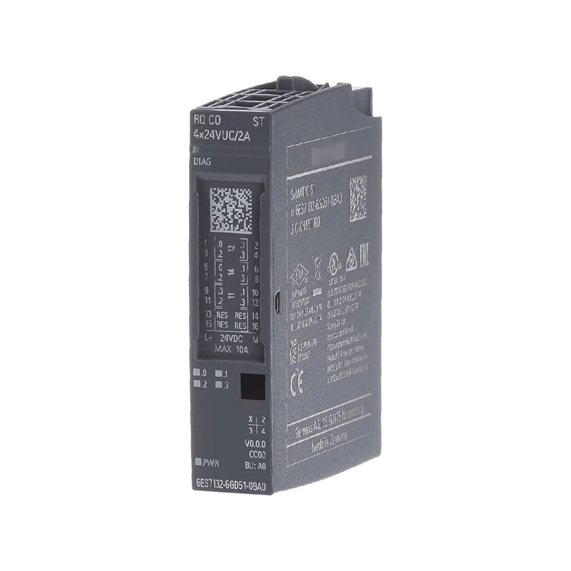 Siemens 6ES7132-6GD51-0BA0 digital output module, 8x 24V DC/0.5A, ET 200SP, standard, color code CC02, BU type A0, compact IP20 design.