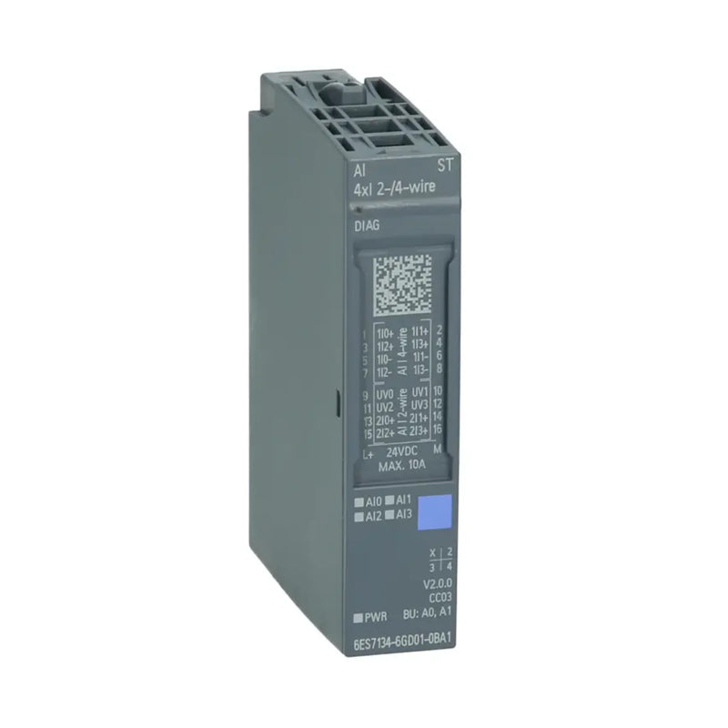 Siemens 6ES7134-6GD01-0BA1 AI module, 2x analog input, voltage/current, ET 200SP, 15mm width.