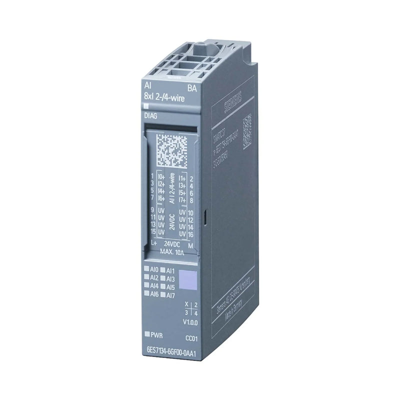 Siemens 6ES7134-6GF00-0AA1 AO module, 2x analog output, ±10V voltage, ET 200SP, 15mm width.
