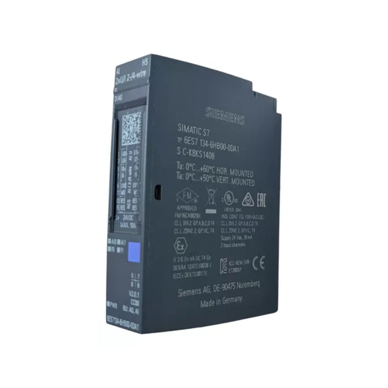 Siemens 6ES7134-6HB00-0DA1 analog input module for ET 200SP with 4-channel 2-wire voltage and current input.