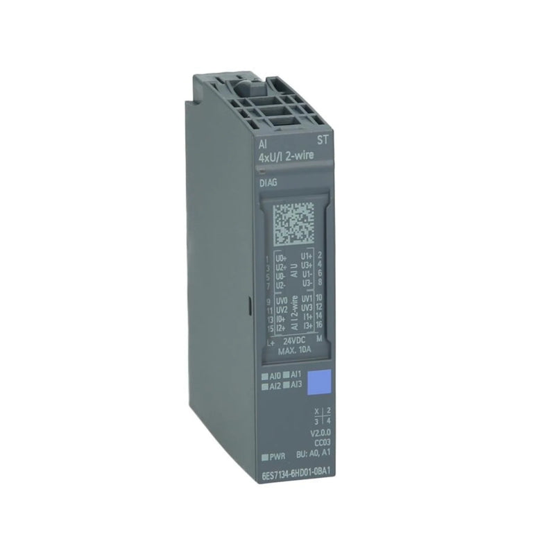 Siemens 6ES7134-6HD01-0BA1 ET 200SP digital input module, 8 DI, 24V DC, 3 ms response time, compact IP20 design.