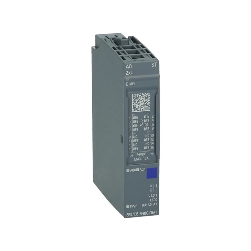 Siemens 6ES7135-6FB00-0BA1 ET 200SP analog output module, 2-channel, 16-bit, voltage/current output, 24V DC.