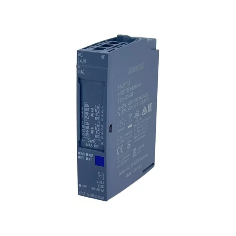 Siemens 6ES7135-6HB00-0CA1 ET 200SP analog output module, 2x 0(4)–20mA, HART protocol, high-speed, CC07, type A0, IP20 for process automation.