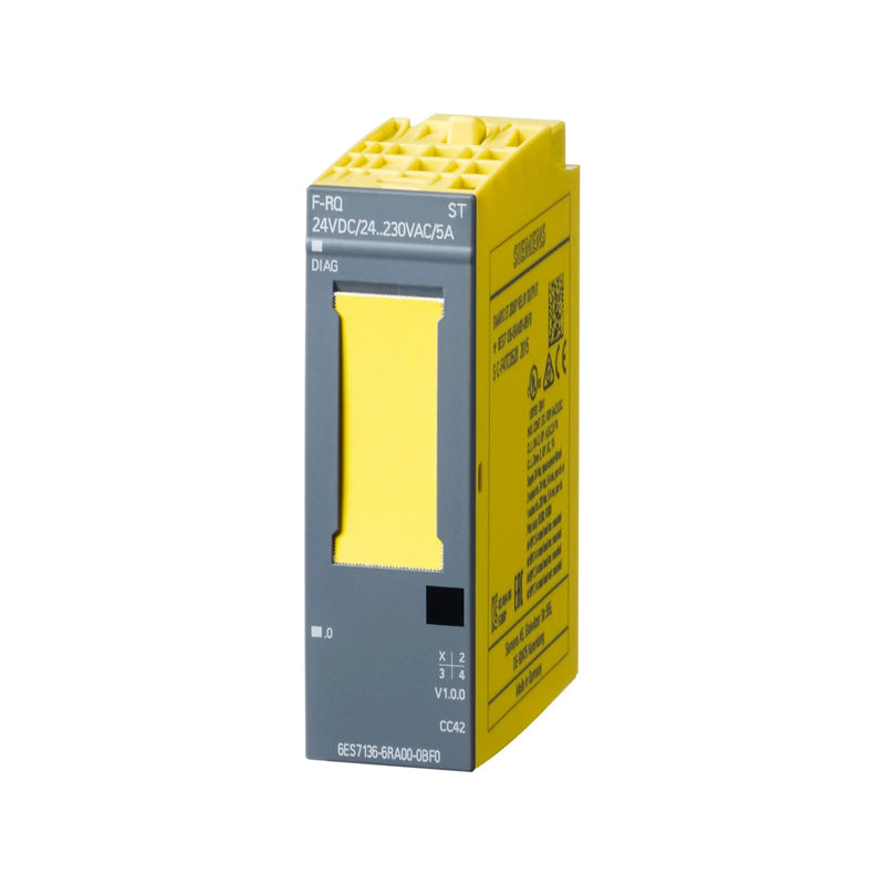 Siemens 6ES7136-6RA00-0BF0 ET 200SP fail-safe output module, 4x 24V DC / 2A, SIL 3, PL e, for safety automation.