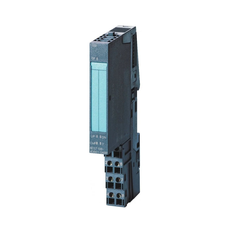 Siemens 6ES7138-4DF01-0AB0 ET 200S power module PM-E, 24V DC, 2 A, with electronic fuse and status LEDs for I/O group protection.