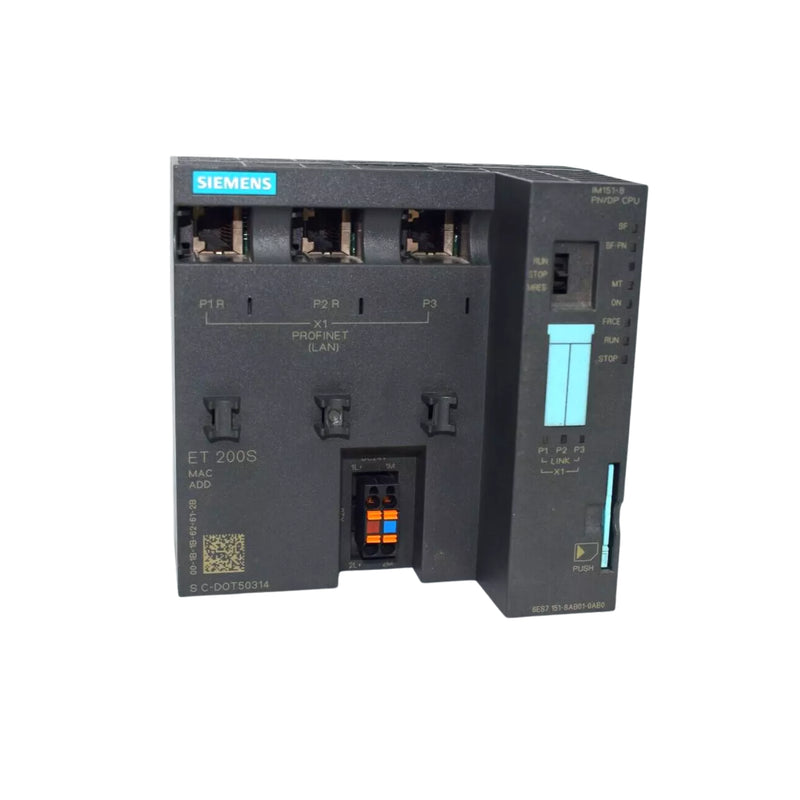 SIMATIC ET 200S IM151-8 PN/DP CPU module with 192KB work memory and integrated PROFINET interface.
