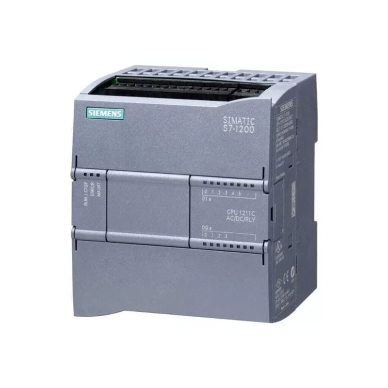 Siemens 6ES7211-1HE40-0XB0 SIMATIC S7-1200 CPU 1211C with 6DI, 4DO, 2AI, and PROFINET interface.