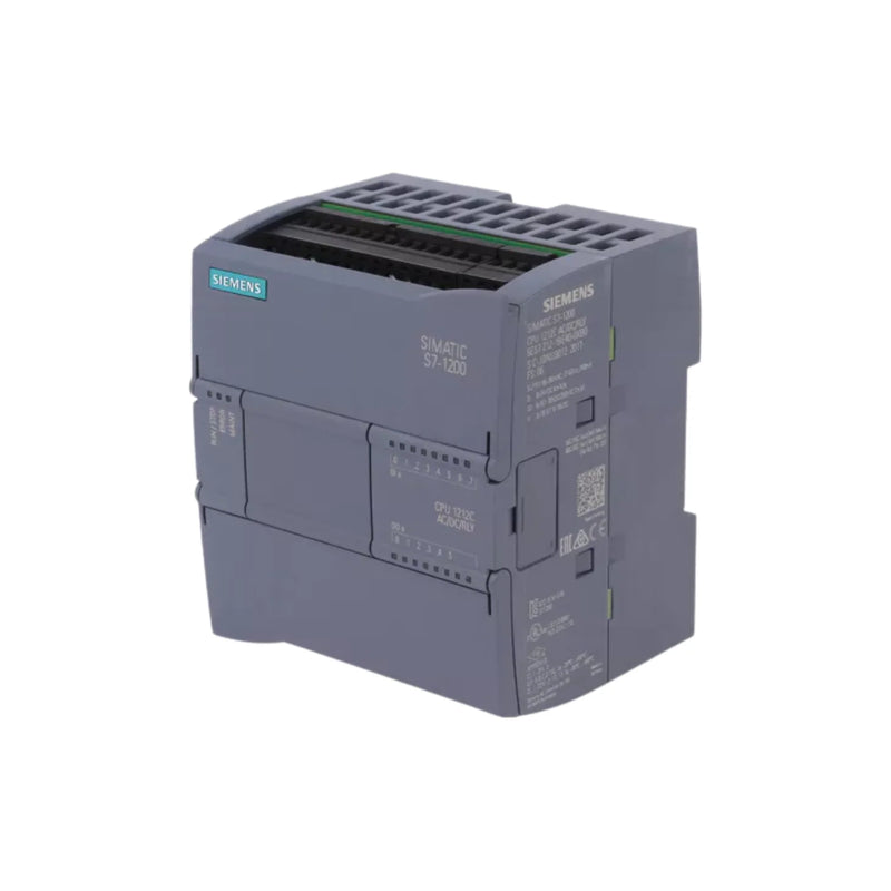 Siemens 6ES7212-1BE40-0XB0 CPU 1212C, S7-1200 PLC, 8DI, 6 relay DO, 2AI, PROFINET, 24V DC, compact DIN rail controller.