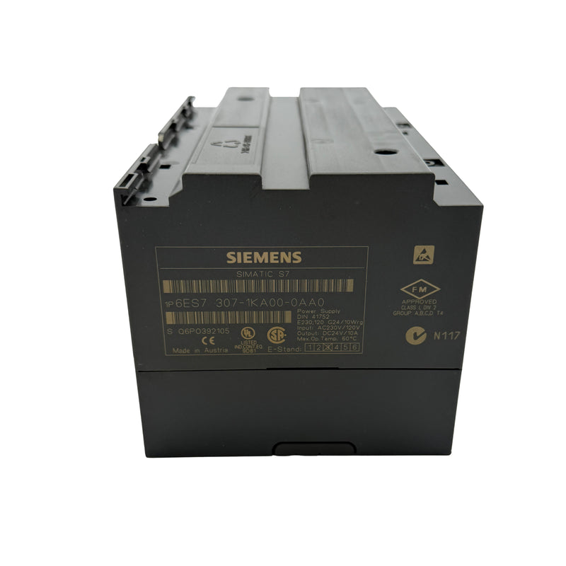 Siemens 6ES7307-1KA00-0AA0 S7-300 PS307 power supply, 24 V DC, 10 A for industrial automation.