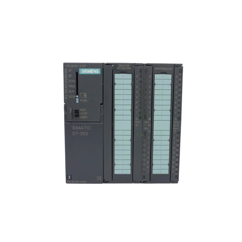 Siemens 6ES7314-6CG03-0AB0 CPU 314C-2 PN/DP, compact S7-300 controller with PROFINET, PROFIBUS, and integrated digital and analog I/O.