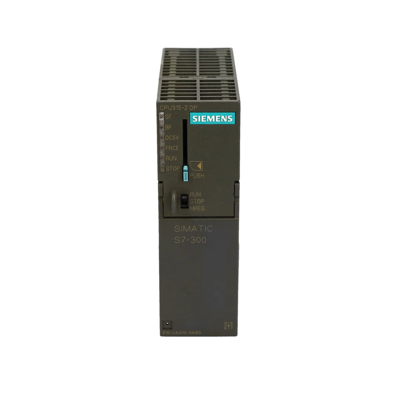 Siemens 6ES7315-2AG10-0AB0 CPU 315-2 DP, S7-300 modular PLC with 192 KB memory, MPI/DP interface, DIN rail mount, for automation control systems.