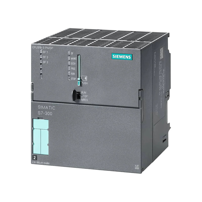 Siemens 6ES7318-3EL01-0AB0 S7-300 CPU 318-3 PN/DP, 1 MB, DIN rail mount, with PROFIBUS DP and PROFINET ports, for modular automation systems.