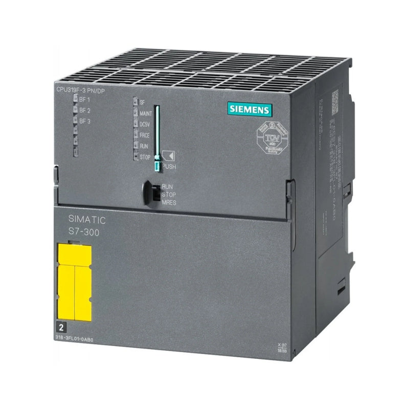 Siemens 6ES7318-3FL01-0AB0 CPU 318-3 PN/DP, S7-300 high-performance PLC with 1.2 MB memory, integrated PROFINET and PROFIBUS communication.