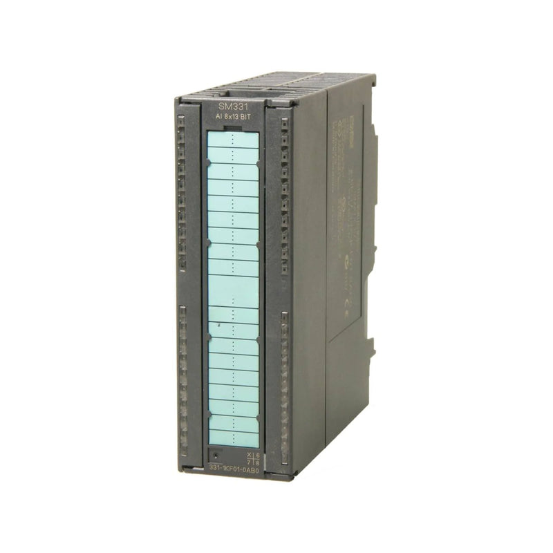 Siemens 6ES7331-1KF01-0AB0 analog input module, 8 RTD channels, 13-bit, for S7-300, temperature and resistance measurement, DIN rail mount.