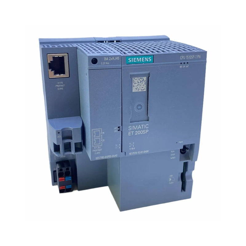 Siemens 6ES7510-1DJ01-0AB0 CPU 1510SP-1 PN for ET 200SP with PROFINET and 100 ns instruction speed.
