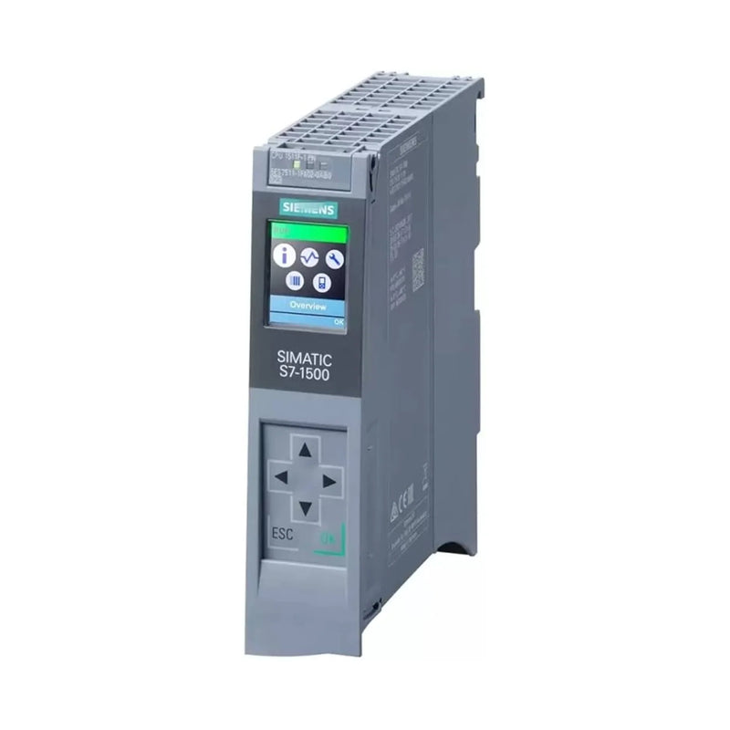 Siemens 6ES7511-1FK02-0AB0 CPU 1511F-1 PN, S7-1500 fail-safe PLC, 1MB memory, PROFINET, 24V DC, DIN rail.