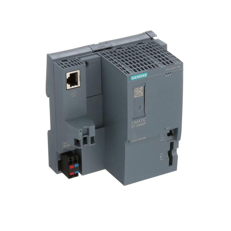 Siemens SIMATIC ET 200SP CPU 1512SP-1 PN (6ES7512-1DM03-0AB0), 400 KB program, 2 MB data memory, PROFINET IRT interface, 25 ns bit performance.