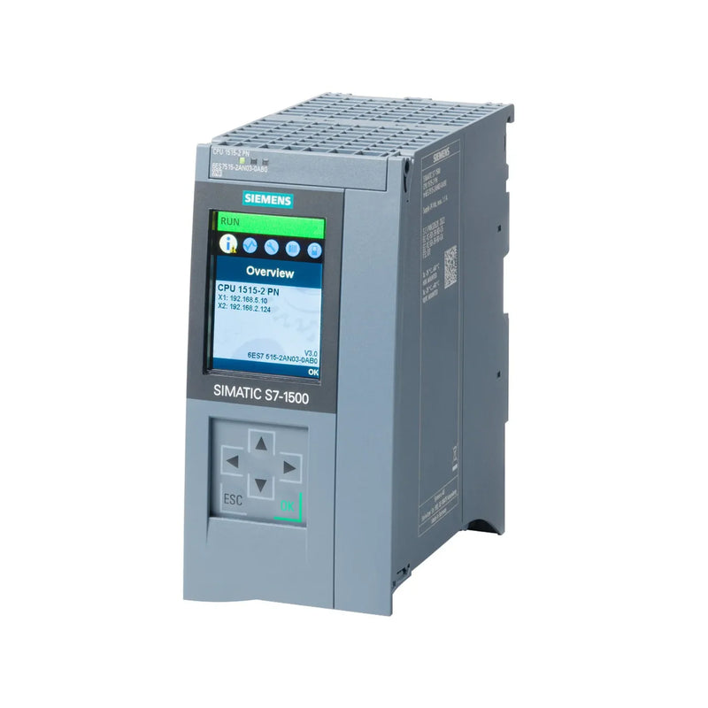 Siemens SIMATIC S7-1500 CPU 1515-2 PN (6ES7515-2AN03-0AB0), 1 MB program, 4.5 MB data memory, dual PROFINET interfaces, 6 ns bit performance.