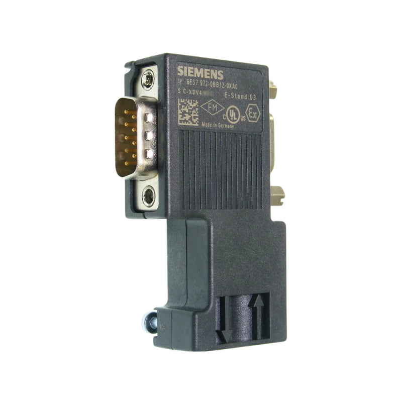 Siemens 6ES7972-0BB12-0XA0 PROFIBUS DP connector, 90° cable outlet, PG socket, integrated terminating resistor, supports up to 12 Mbit/s.