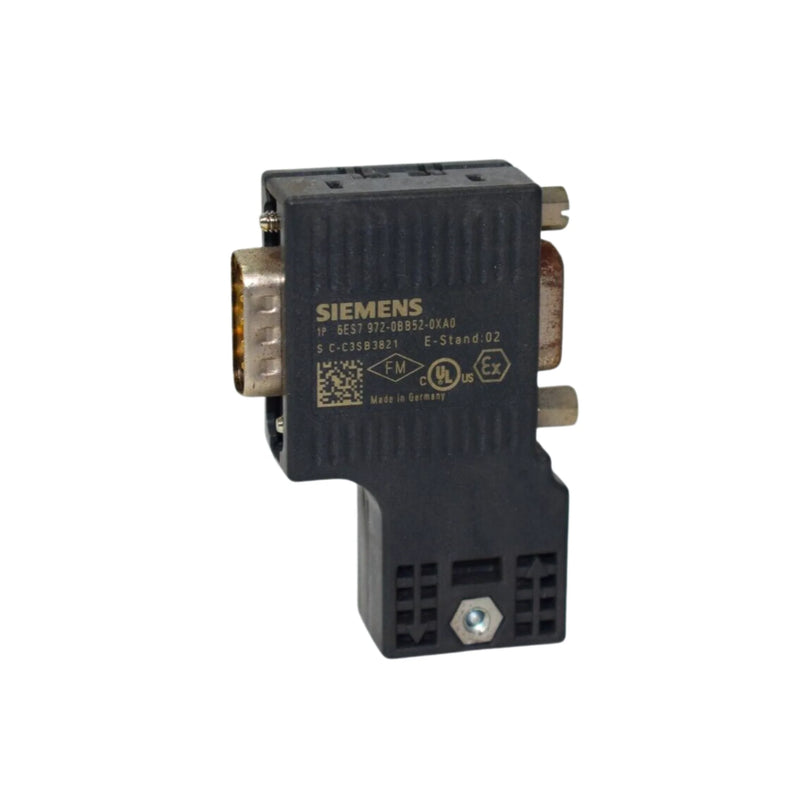Siemens 6ES7972-0BB52-0XA0 PROFIBUS connector, 90° cable outlet, FastConnect IDC, PG socket, IP20, for industrial automation systems.