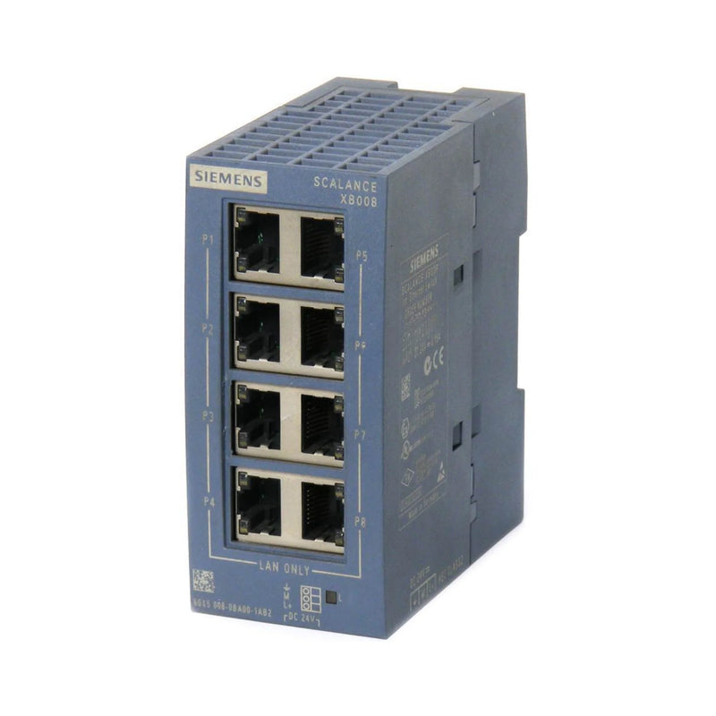 Siemens 6GK5008-0BA00-1AB2 SCALANCE XB008 unmanaged Ethernet switch, 8-port, 10/100 Mbps, RJ45, IP20, DIN rail mount, fanless compact design.