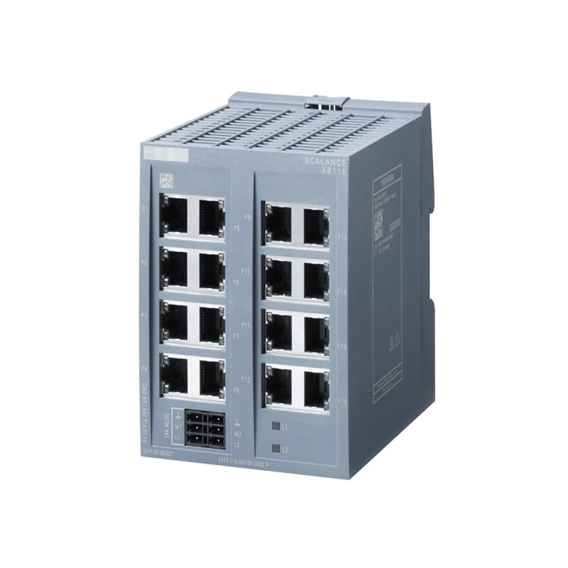 Siemens 6GK5116-0BA00-2AB2 SCALANCE XB116 unmanaged Ethernet switch, 16 ports, 10/100 Mbps, compact design for industrial network expansion.