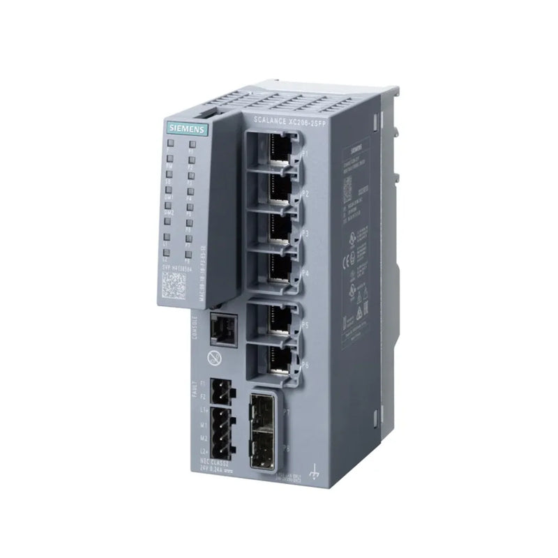 Siemens 6GK5206-2BS00-2AC2 SCALANCE XF206-2BA, 6-port managed Ethernet switch, Layer 2, DIN rail mount, PROFINET-ready, IP20 rated.