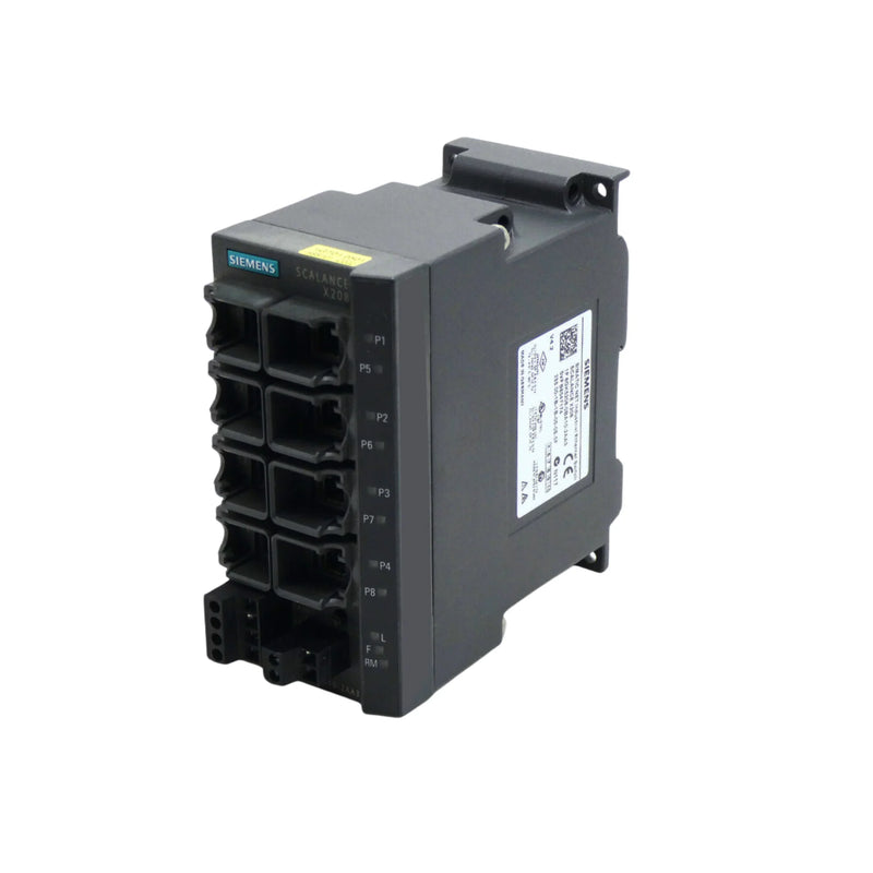 Siemens 6GK5208-0BA10-2AA3 SCALANCE X208 managed Ethernet switch, 8x RJ45 ports, 10/100 Mbps, PROFINET IO, redundant power supply, IP30 enclosure.