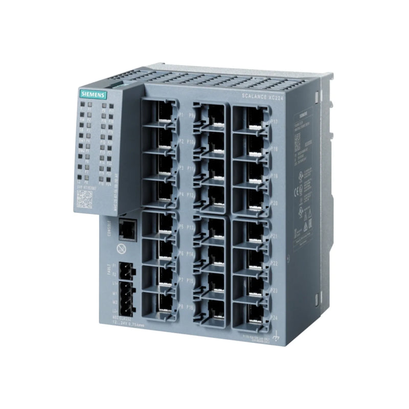Siemens 6GK5224-0BA00-2AC2 SCALANCE XR324-4M, 24-port Gigabit managed switch with PROFINET, rack mount design, for industrial Ethernet networks.