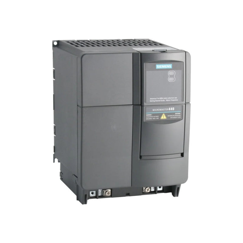 Siemens 6SE6440-2UD31-1CA1 MICROMASTER 440 VFD, 5.5 kW, 400V, 3-phase, vector control, built-in brake chopper, IP20 drive.