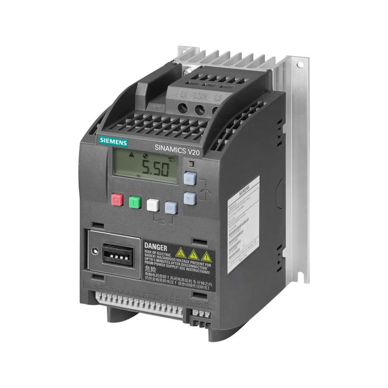 Siemens SINAMICS G120C inverter 6SL3210-5BE17-5CV0, 7.5 kW, 400V 3-phase, compact drive with integrated EMC filter for motor control.