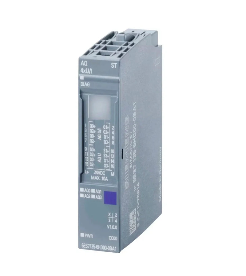 Siemens 6ES7135-6HD00-0BA1 AO module, 4x voltage outputs, 15 mm wide, ET 200SP series, for analog signal control.