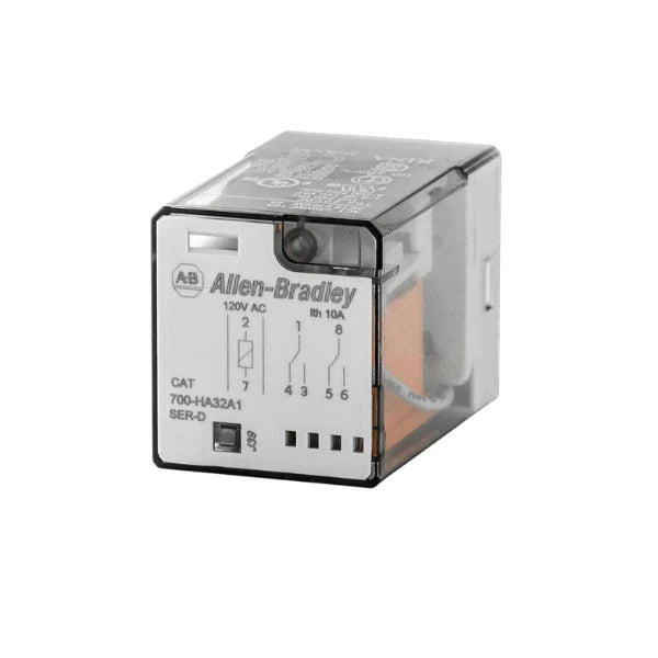 Allen-Bradley 700-HA32A1 miniature relay, 3PDT, 120V AC coil, 10A, plug-in type for industrial control.