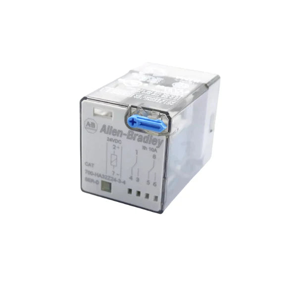 general-purpose tube base relay, 24V DC coil, DPDT contacts, 10A rating, LED indicator, push-to-test, manual override.