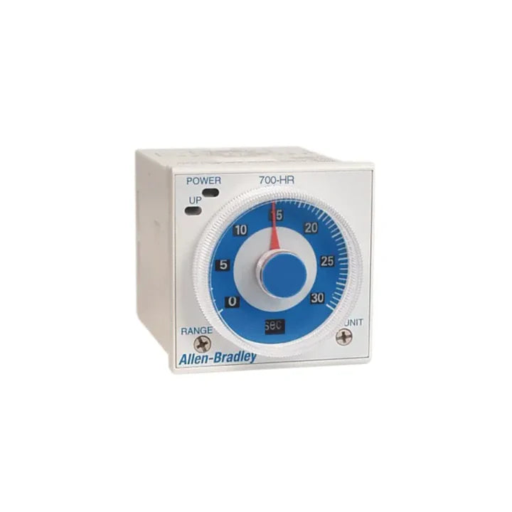 Allen-Bradley 700-HR52TA17 multi-function timing relay, DPDT, 0.1s–100h, 24–240V AC/DC, plug-in base.