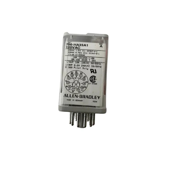 Allen-Bradley 700-HA33A1 general-purpose relay, SPDT, 120V AC coil, 10A, plug-in, 8-pin octal base.