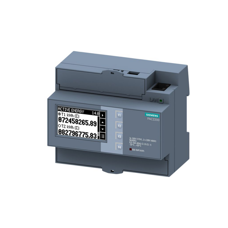 Siemens 7KM2200-2EA40-1EA1 SENTRON PAC2200 energy meter, 3-phase, 5 A input, MID certified, Modbus RTU, DIN rail mount with LCD display.