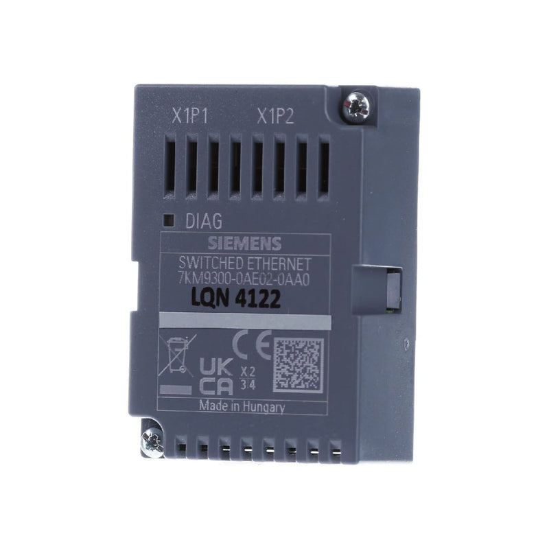 Siemens 7KM9300-0AE02-0AA0 PROFINET expansion module, plug-in design for PAC3220/PAC4200/3VA COM100/800, with dual RJ45 ports and integrated switch.