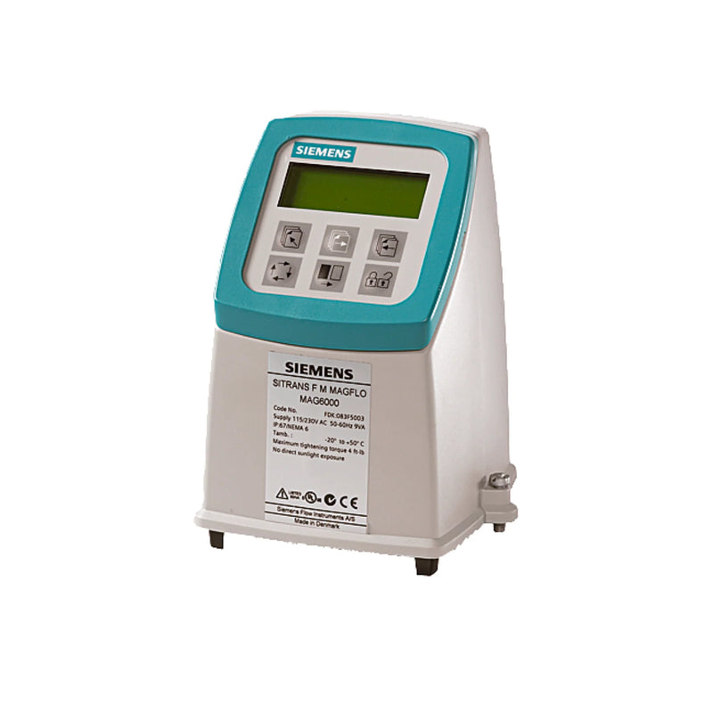 Siemens 7ME6910-1AA10-1AA0 MAG 6000 flow transmitter, 24V DC, wall mount, LCD display, IP67 enclosure, HART protocol, for electromagnetic flow sensors.