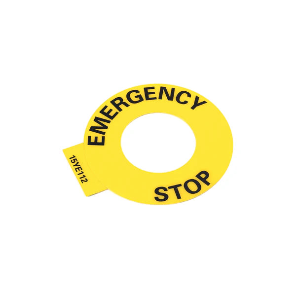 Allen-Bradley 800F-15YE112 Emergency Stop legend plate, 60mm round, yellow with black text, for 22mm mushroom head push buttons.