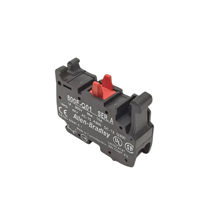 Allen-Bradley 800F-Q01 auxiliary contact block, 1 N.O., snap-on front mount, for 800F push buttons