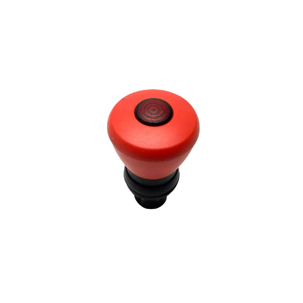 red illuminated mushroom operator, 40mm push-pull, plastic, IP66 rated for industrial panels.