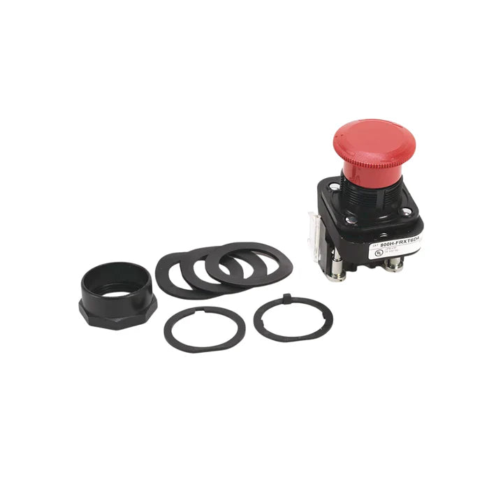 Allen-Bradley 800H-FRXT6D4 red illuminated 30 mm push button, 120V AC transformer, chrome bezel, extended head