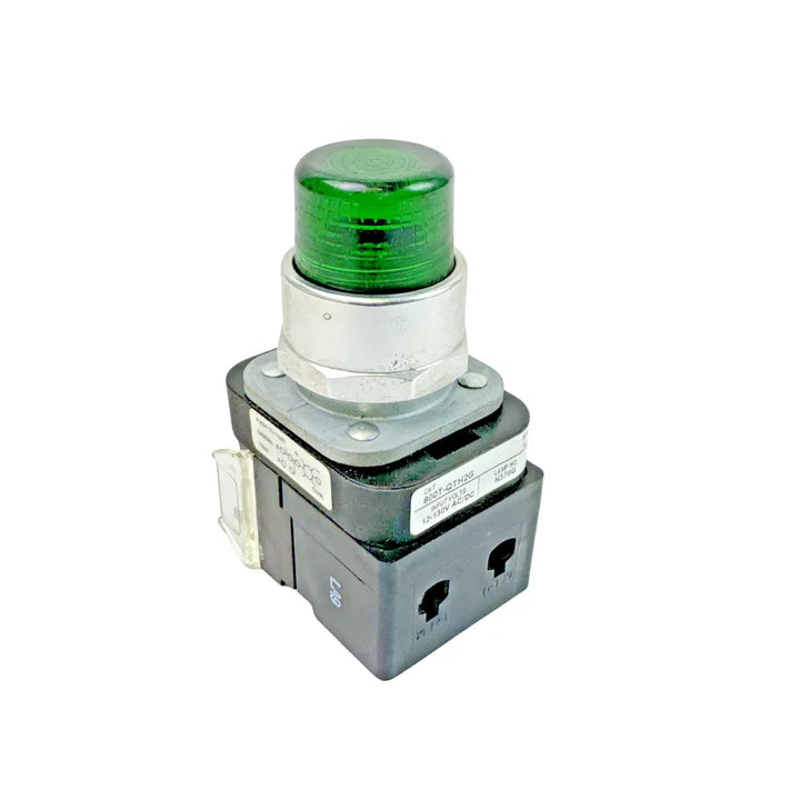 Allen-Bradley 800T-QTH2G green illuminated push button, 120V transformer type, flush head, momentary, 30.5mm
