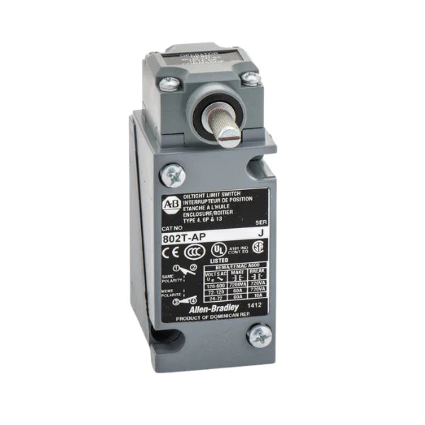Allen-Bradley 802T-AP limit switch, top roller plunger actuator, heavy-duty industrial design with 1 N.O. and 1 N.C. contacts.