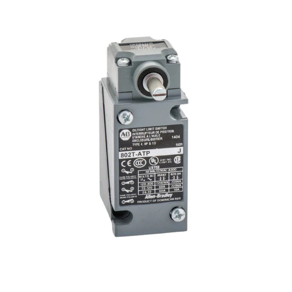 Allen-Bradley 802T-ATP limit switch head with top plunger actuator, NEMA 13 rated.