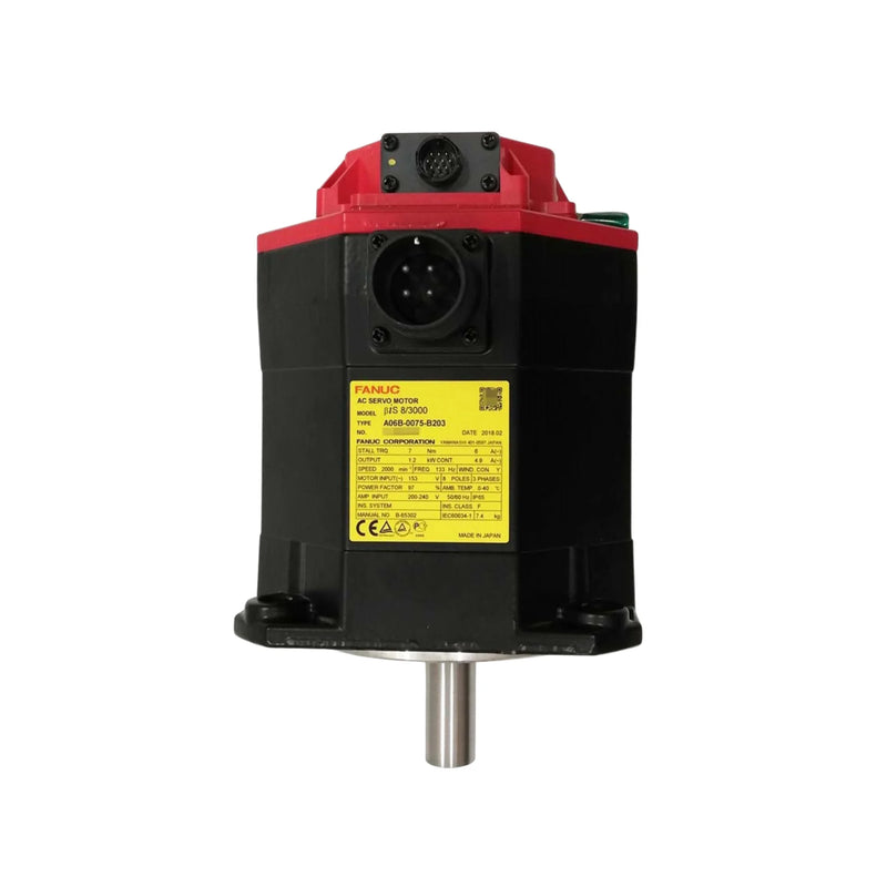 FANUC A06B-0075-B203 Alpha i servo motor with brake and taper shaft for CNC precision systems.
