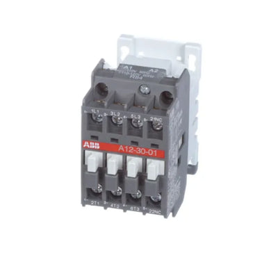 ABB A12-30-01 3-pole contactor, 12A, 100–250V AC/DC coil, with 1 NO aux contact. Compact and IEC-rated for motor control.